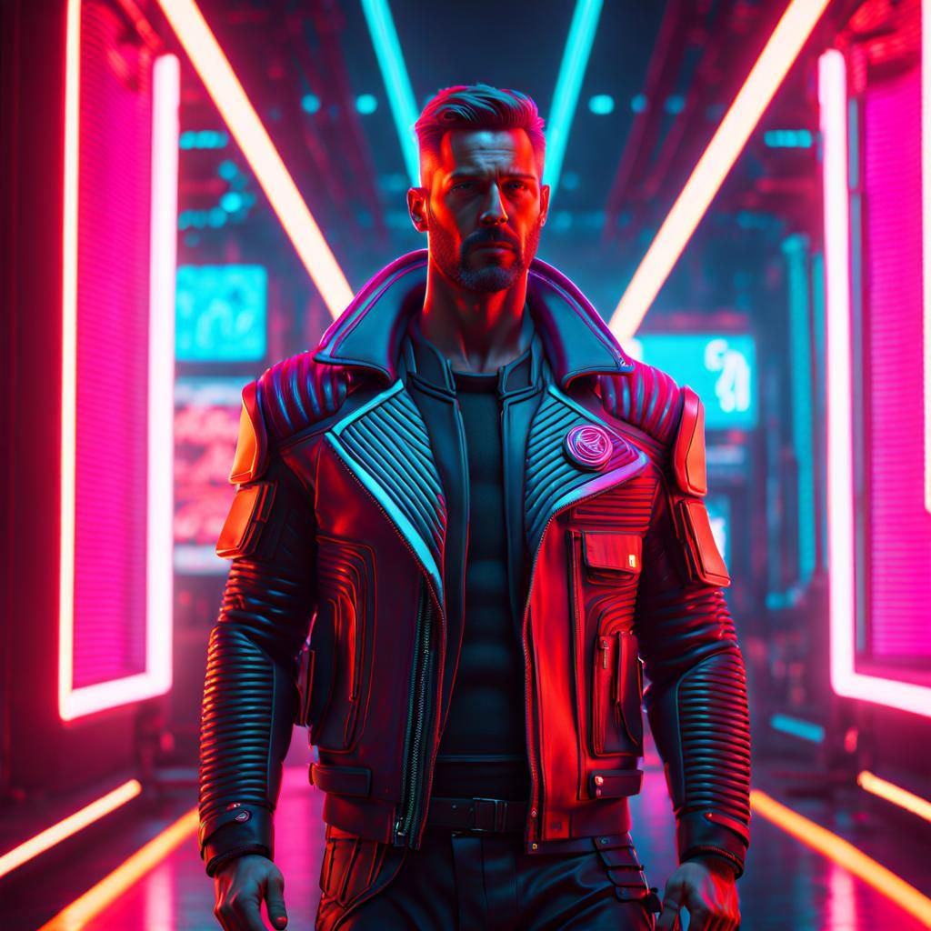Cyberpunk Roman Centurion in Neon Cityscape
