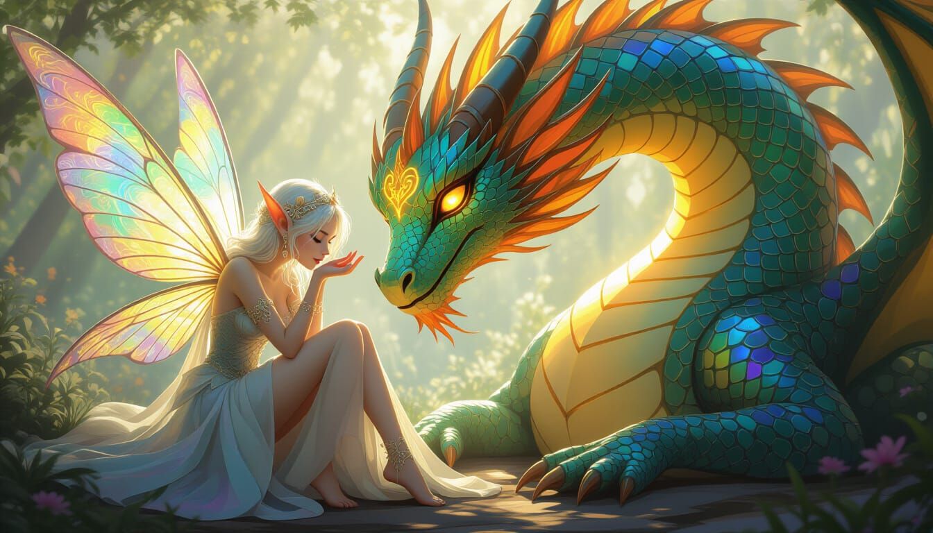 Dragon Rescues Fairy Satyr in Dreamy Landscape