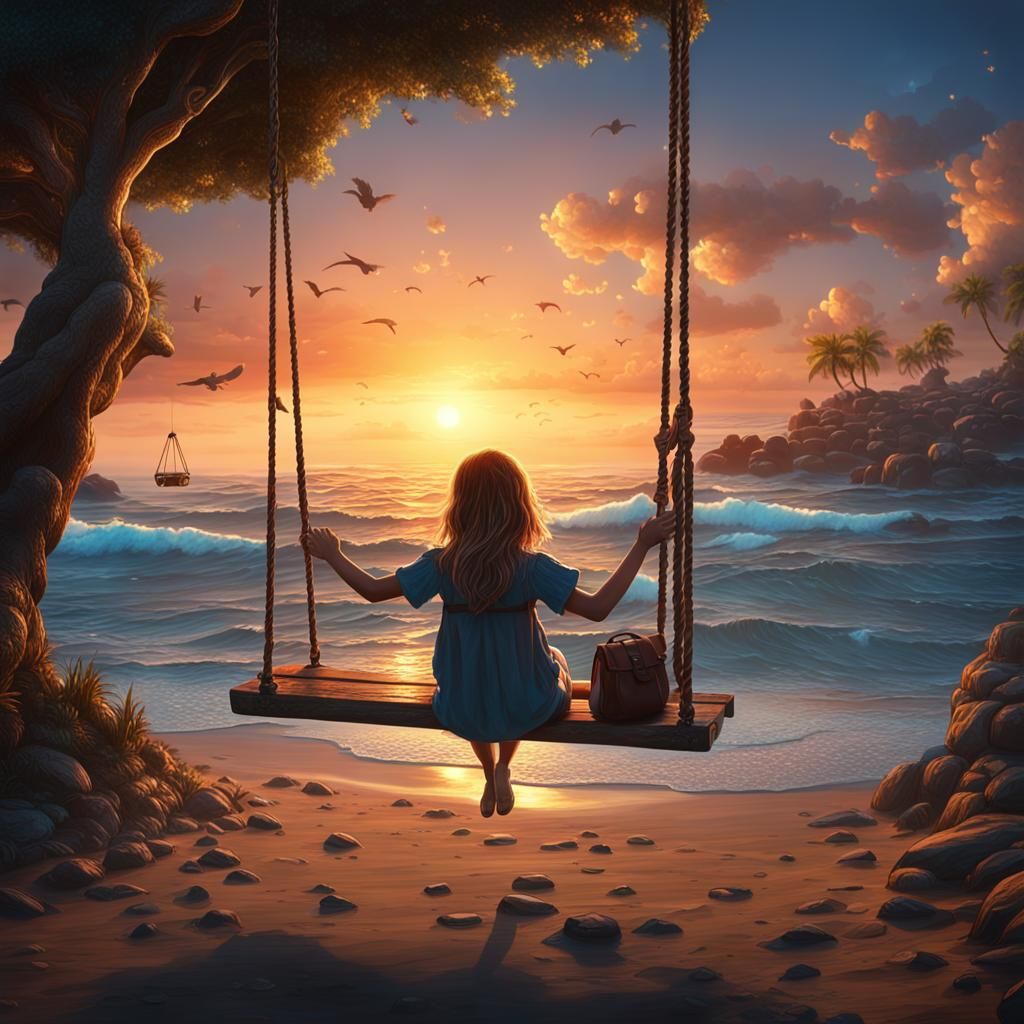 Girl on Swing at Sunset: Fantasy Concept Art