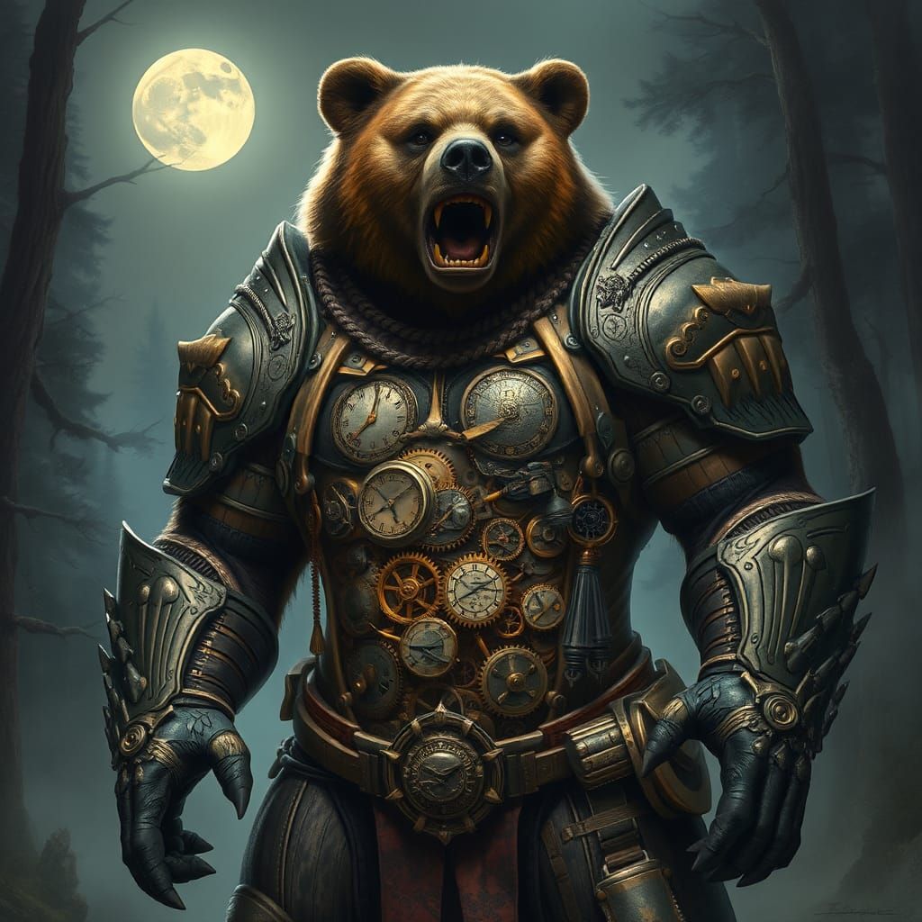 Steampunk Bear Warrior in Moonlit Forest