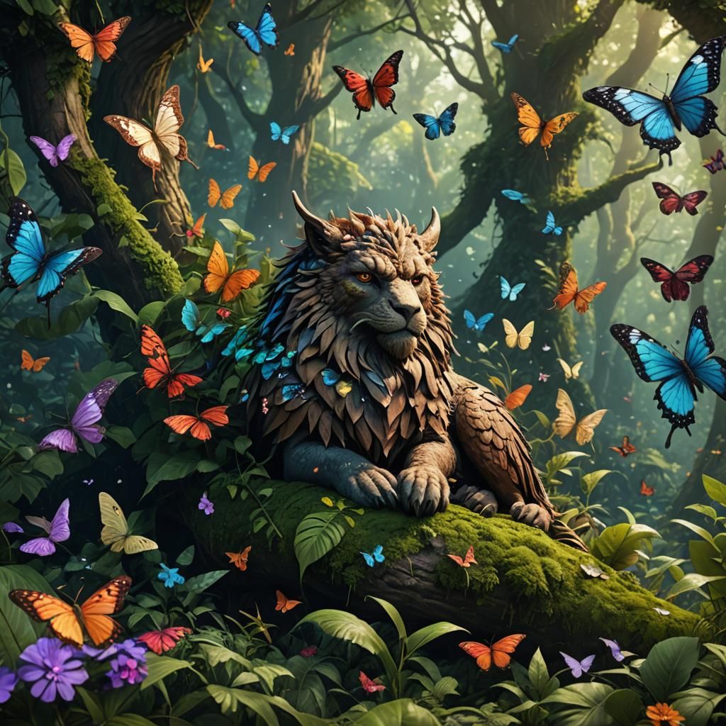 Griffin Sleeps in Lush Forest, Fantasy Art