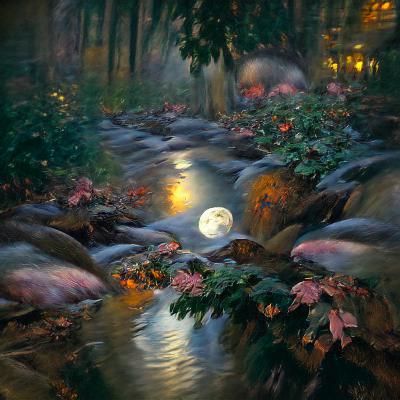 Moonlit Stream in Woodland: Luminous Landscape Painting