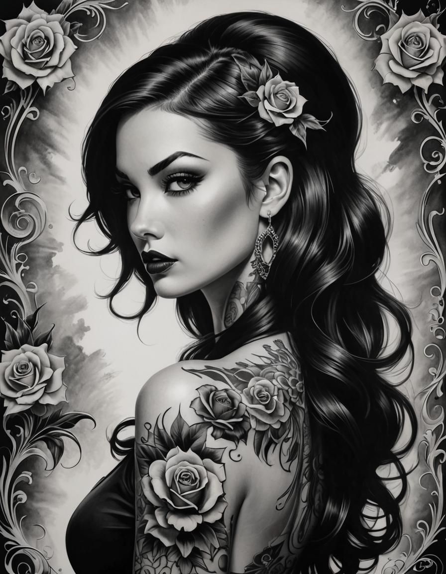 a black and white drawing of a woman with tattoos