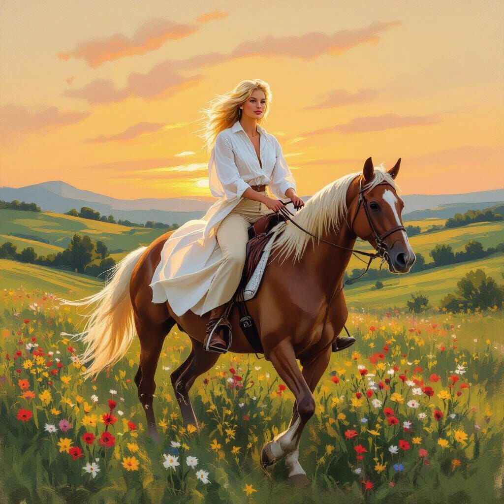 Equestrian Beauty in Impressionist Countryside