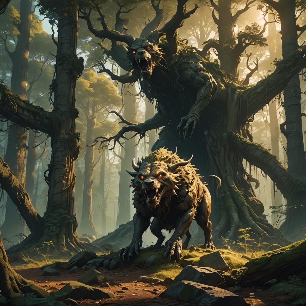 Mystical Beast in Forest Ruins: Digital Matte Painting