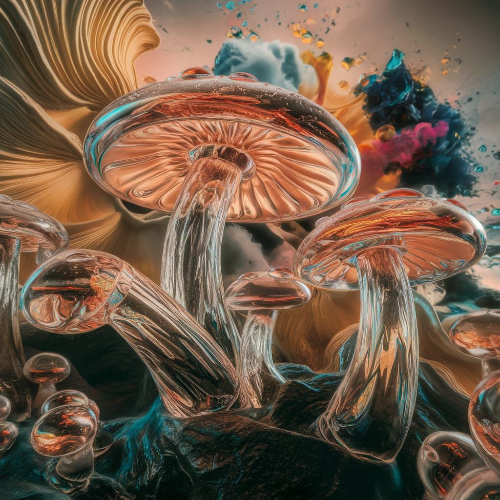 Glass Mushrooms with Dewdrops in Macro Photography