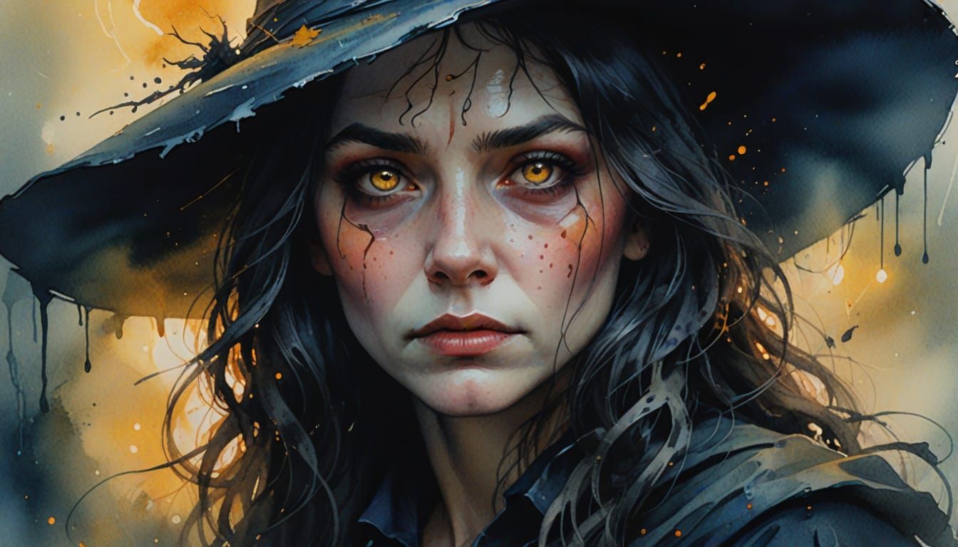 Sad Witch Portrait in Watercolour Fantasy Style