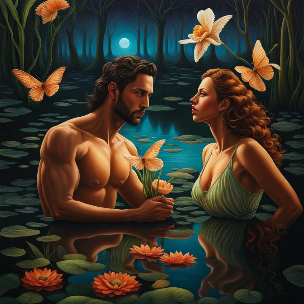 Romantic Couple in Earthy Paradise, Art Deco Style
