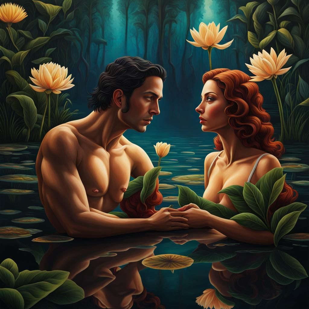 Romantic Paradise: Hyperrealistic Astral Pond Scene