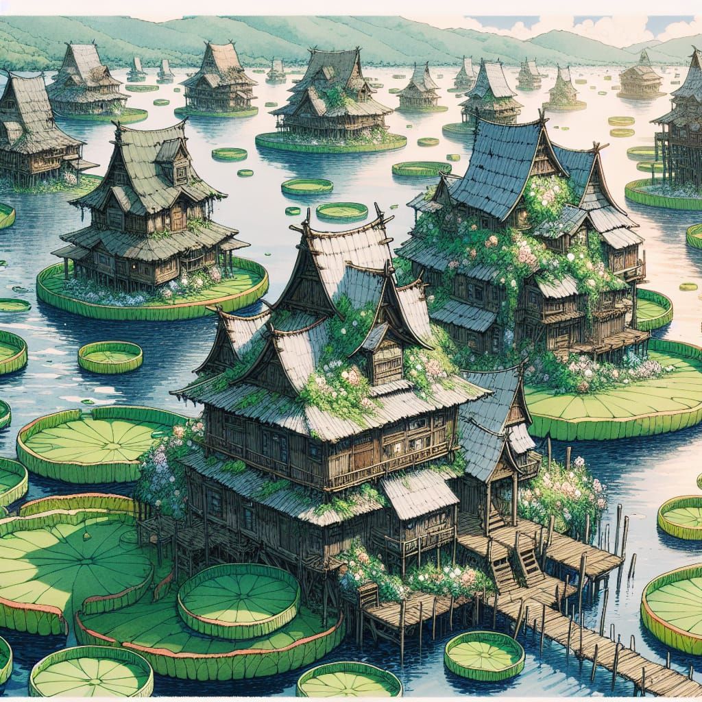 Floating Lily Pad Village: Anime Ink and Watercolor