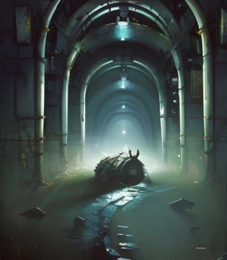Ominous Sewer Tunnel Entrance in Rembrandt Style