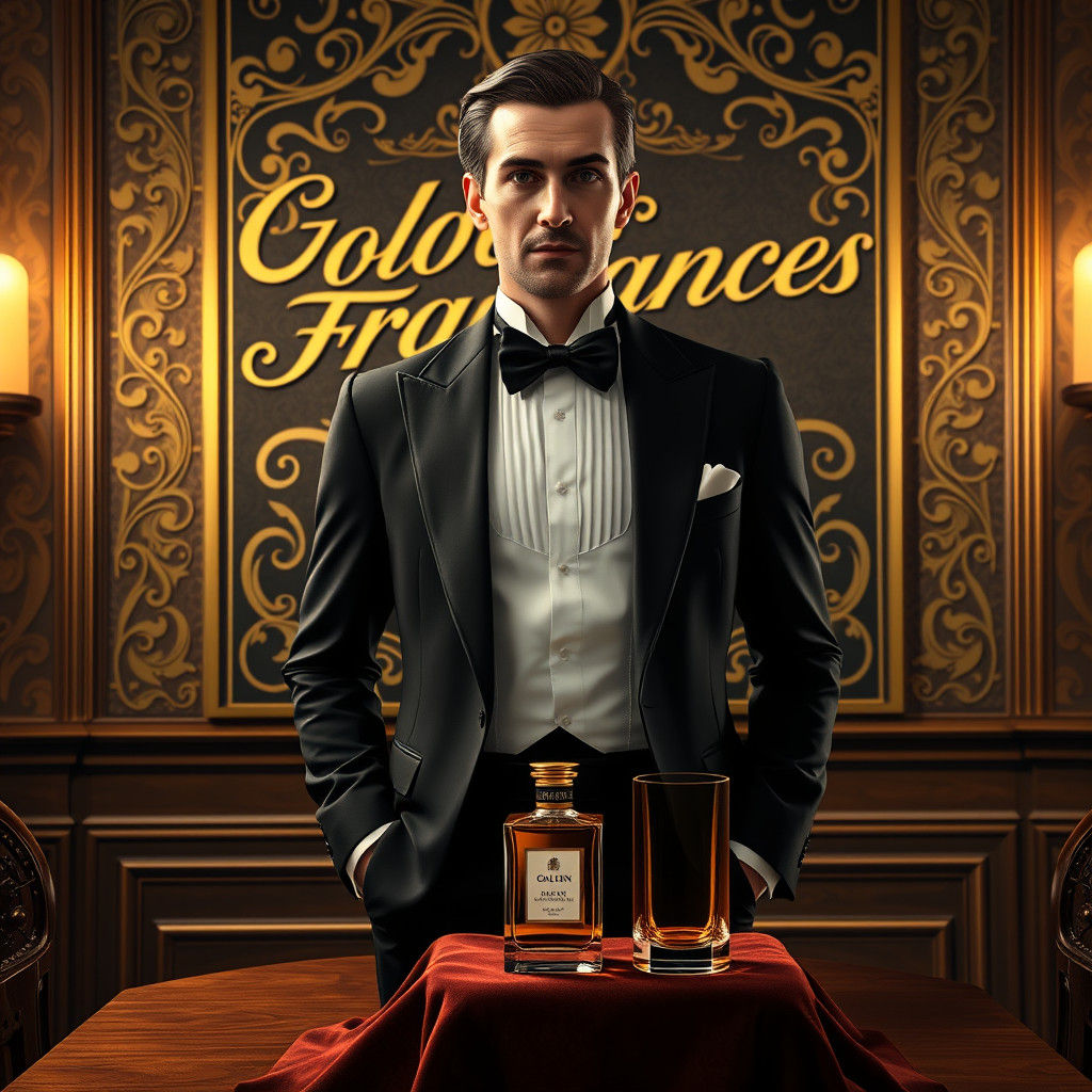 Gentleman Presenting Golden Fragrances in Art Nouveau Style
