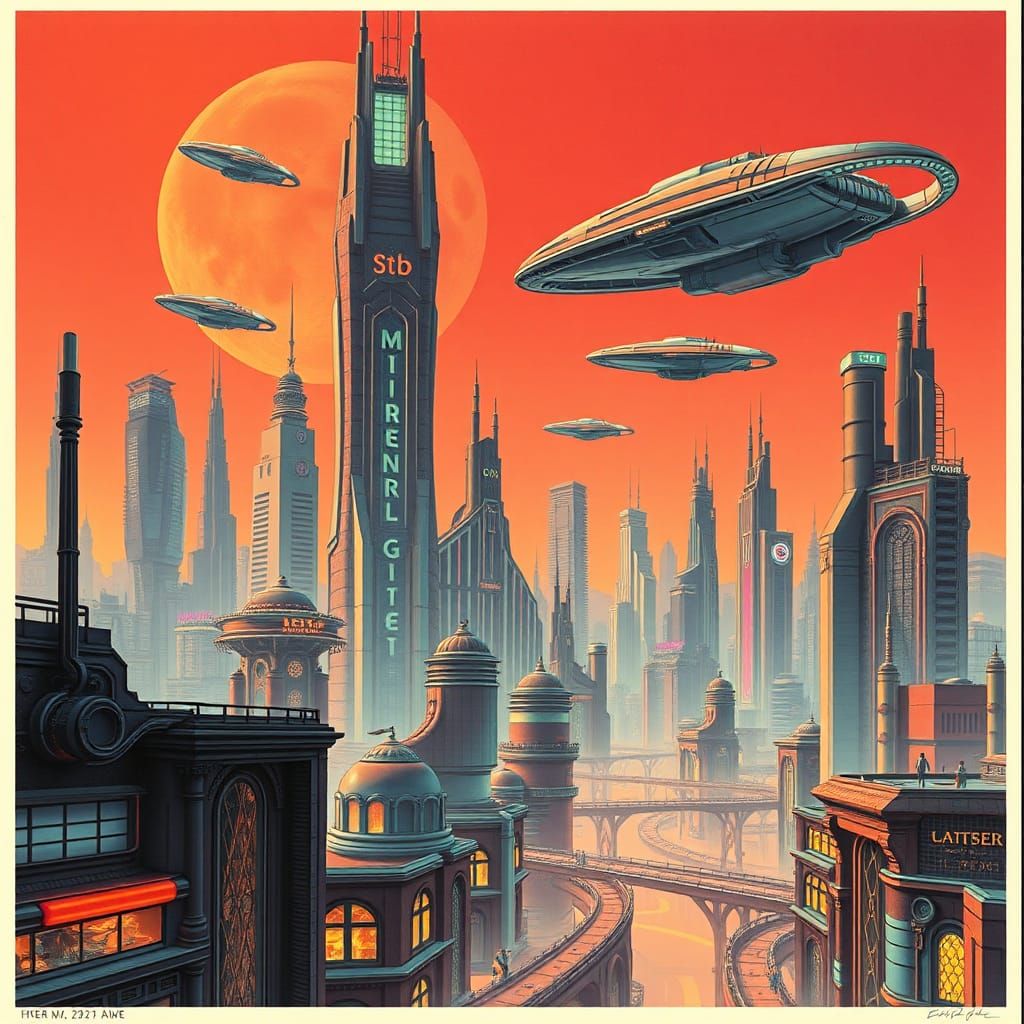 Retro-Futuristic Alien Cityscape in Industrial Sci-Fi Style
