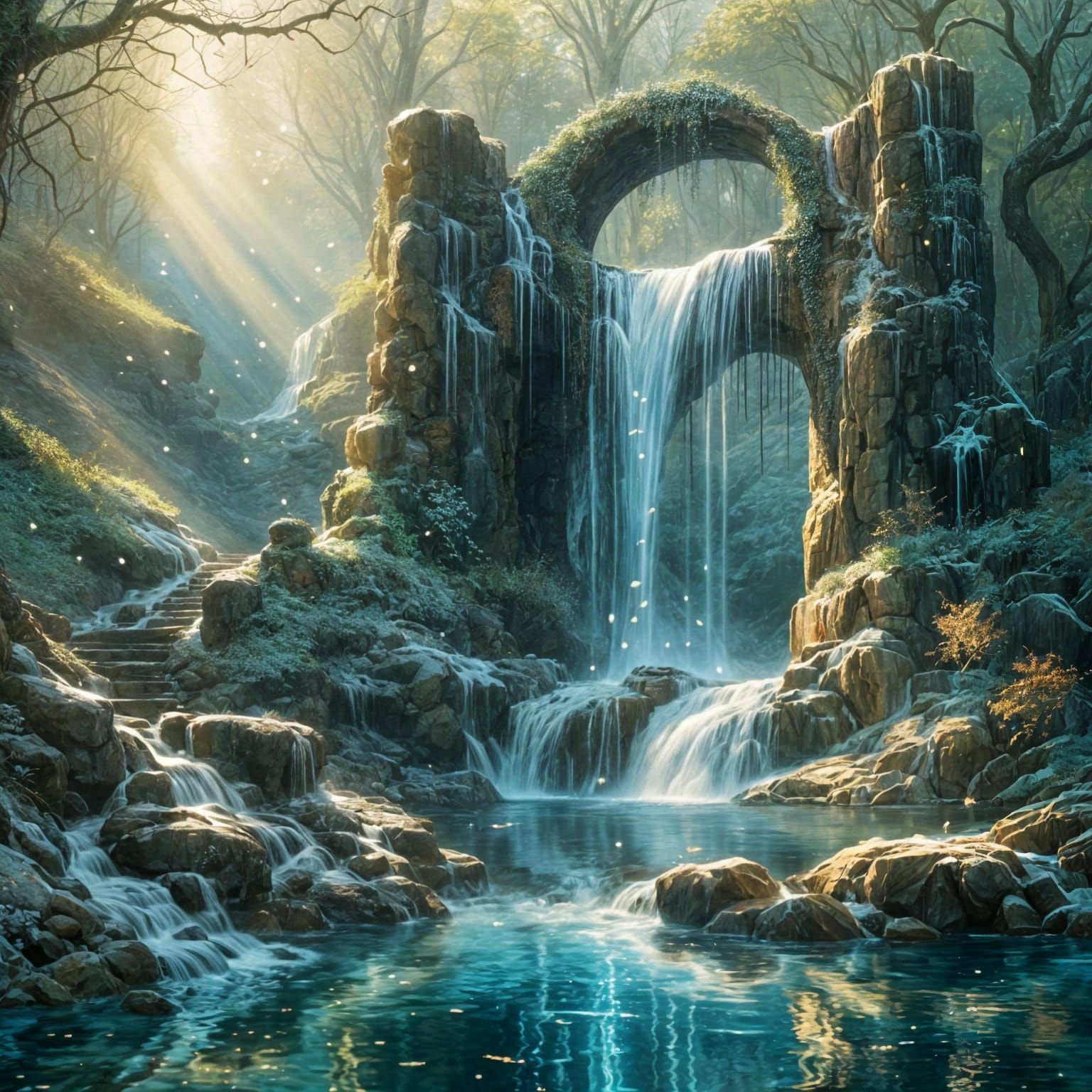 Waterfall Cascading into Pool of Shimmering Light