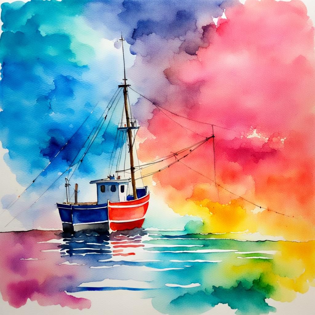 Small fishing boat at sea in watercolour