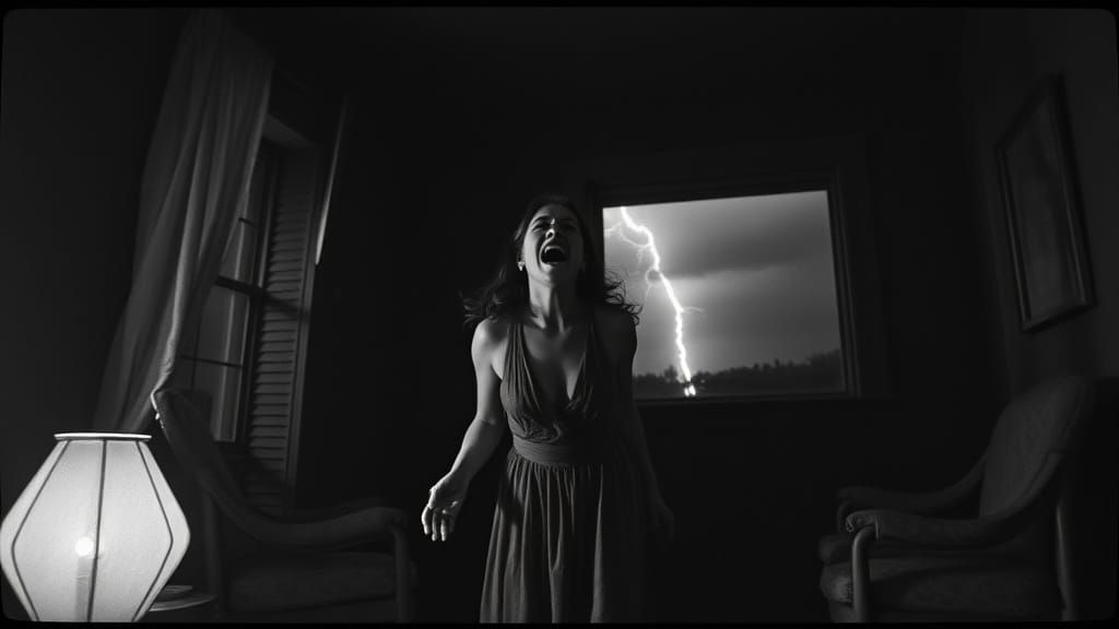 Terrified Woman Screams in Noir Film Still