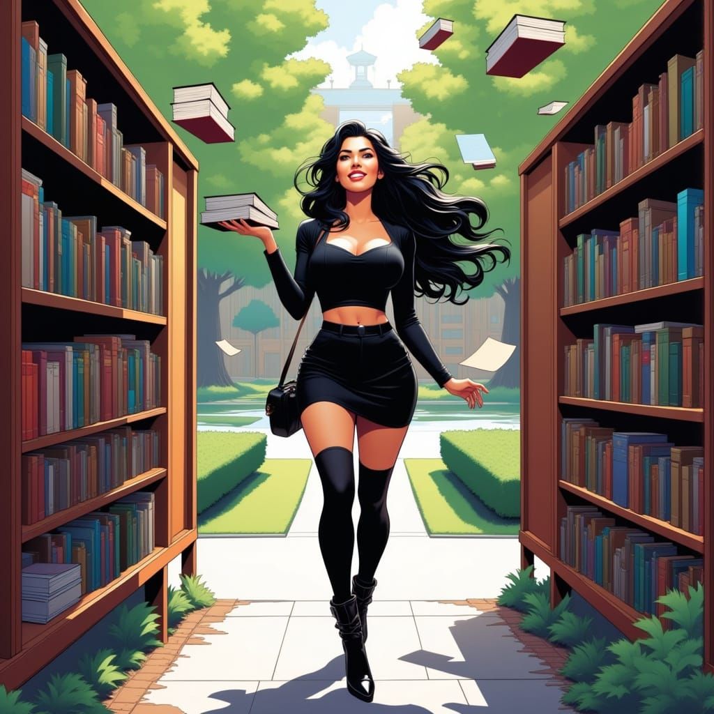 Confident Woman Ascends Knowledge in Library