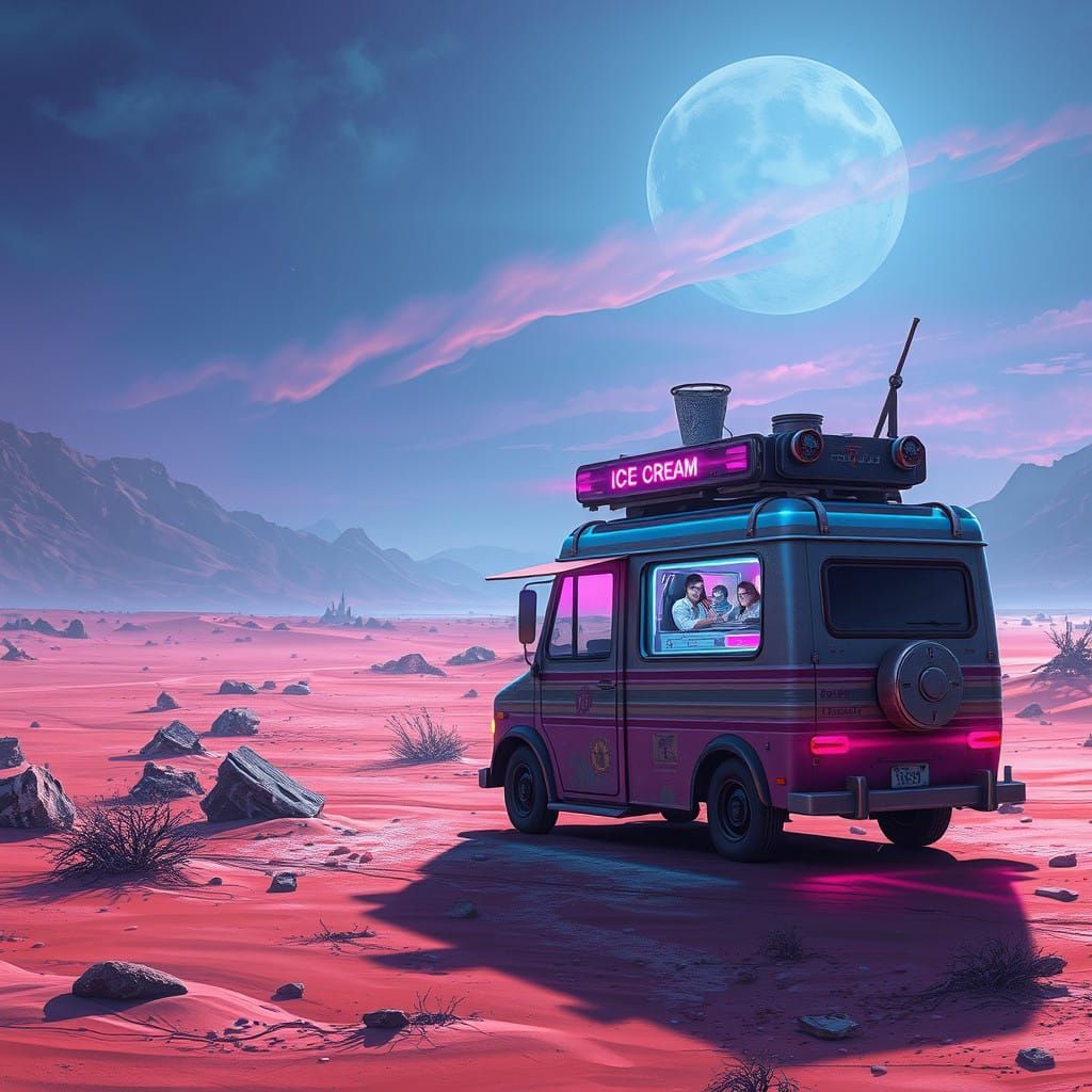 Cyberpunk Ice Cream Van in Desert Wasteland