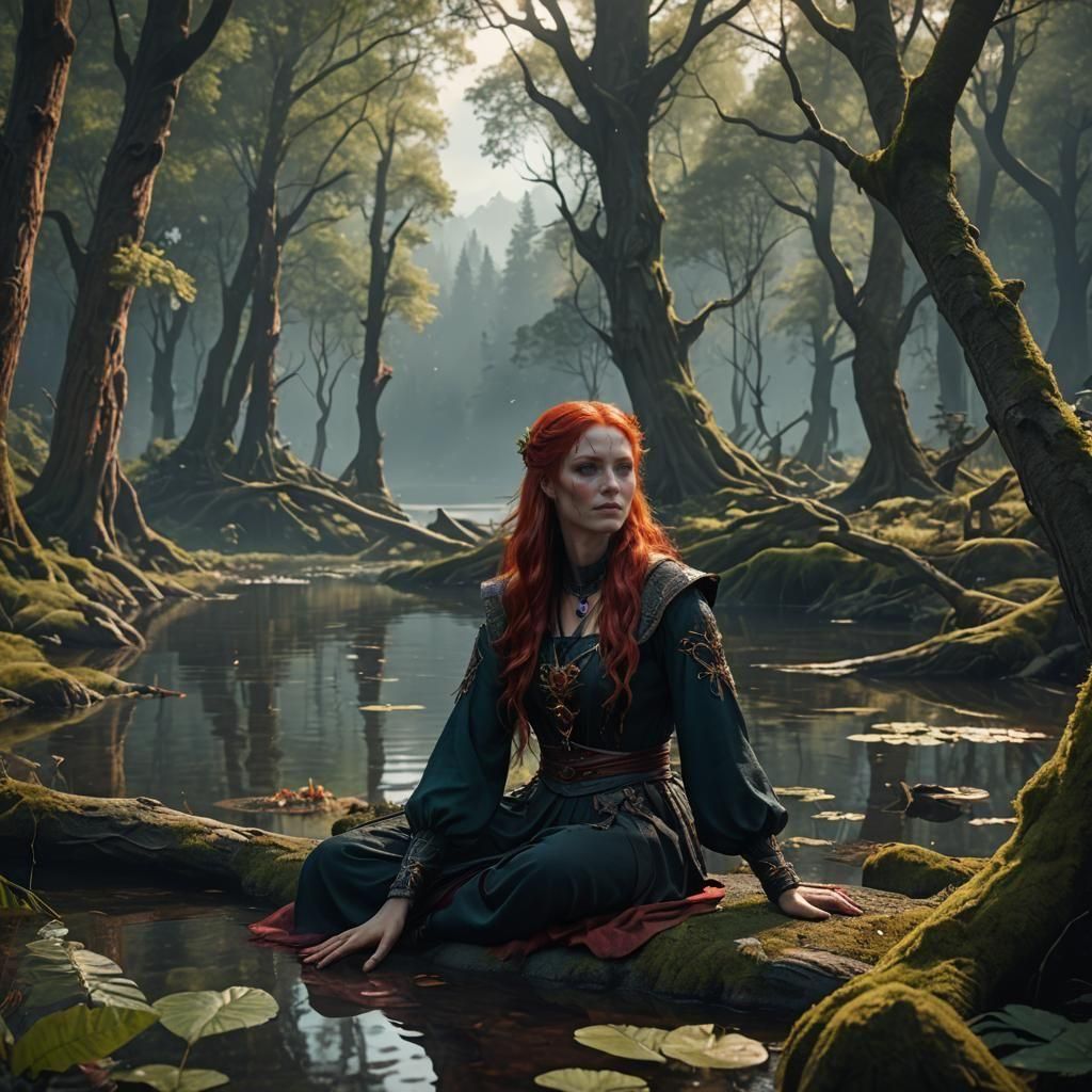Red-Haired Banshee in Forest Lake: Fantasy Concept Art