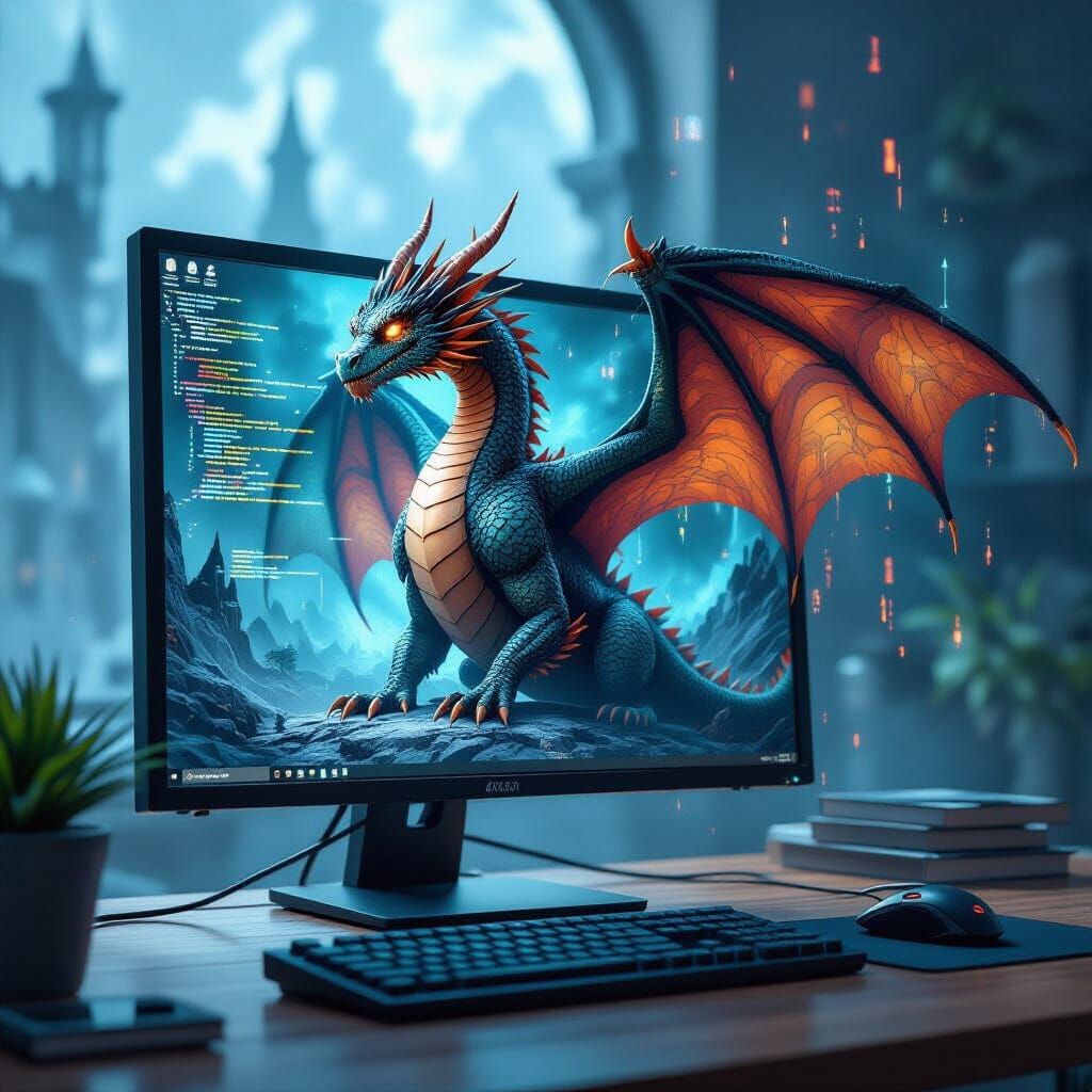 Digital Dragon Emerges from Computer Screen in 8K