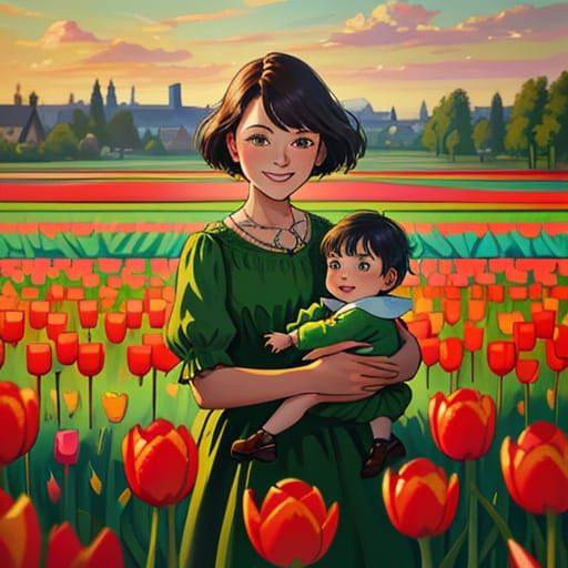 Woman and Child in Tulip Field: Impressionist Oil Painting