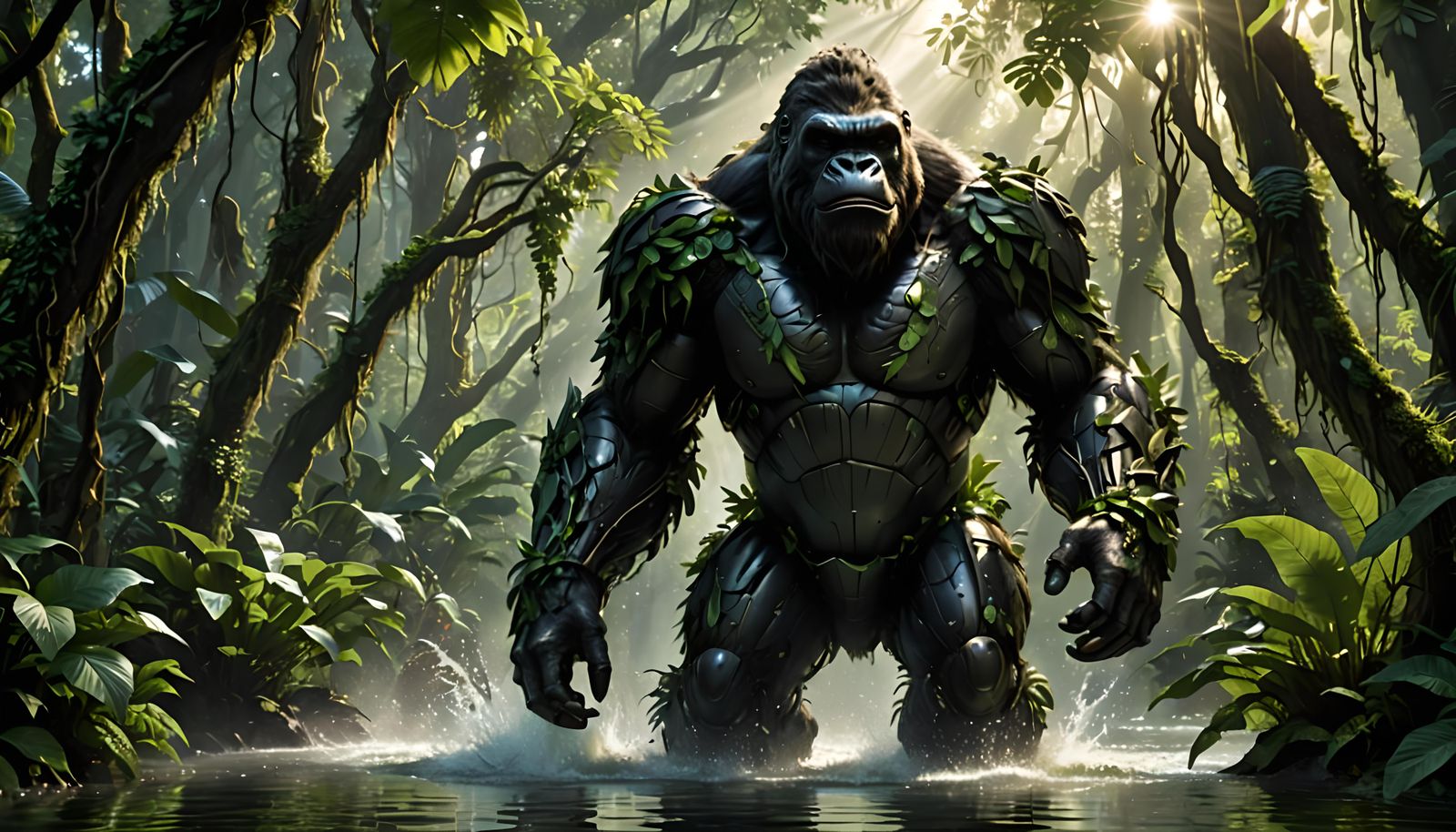 Metallic King Kong Robot in Primeval Forest