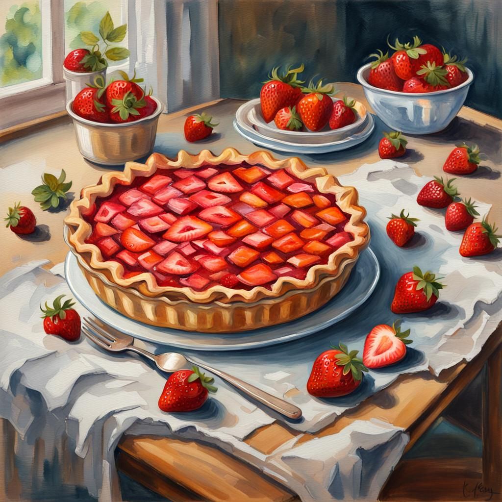 Strawberry Pie: Gouache Style Impressionist Painting