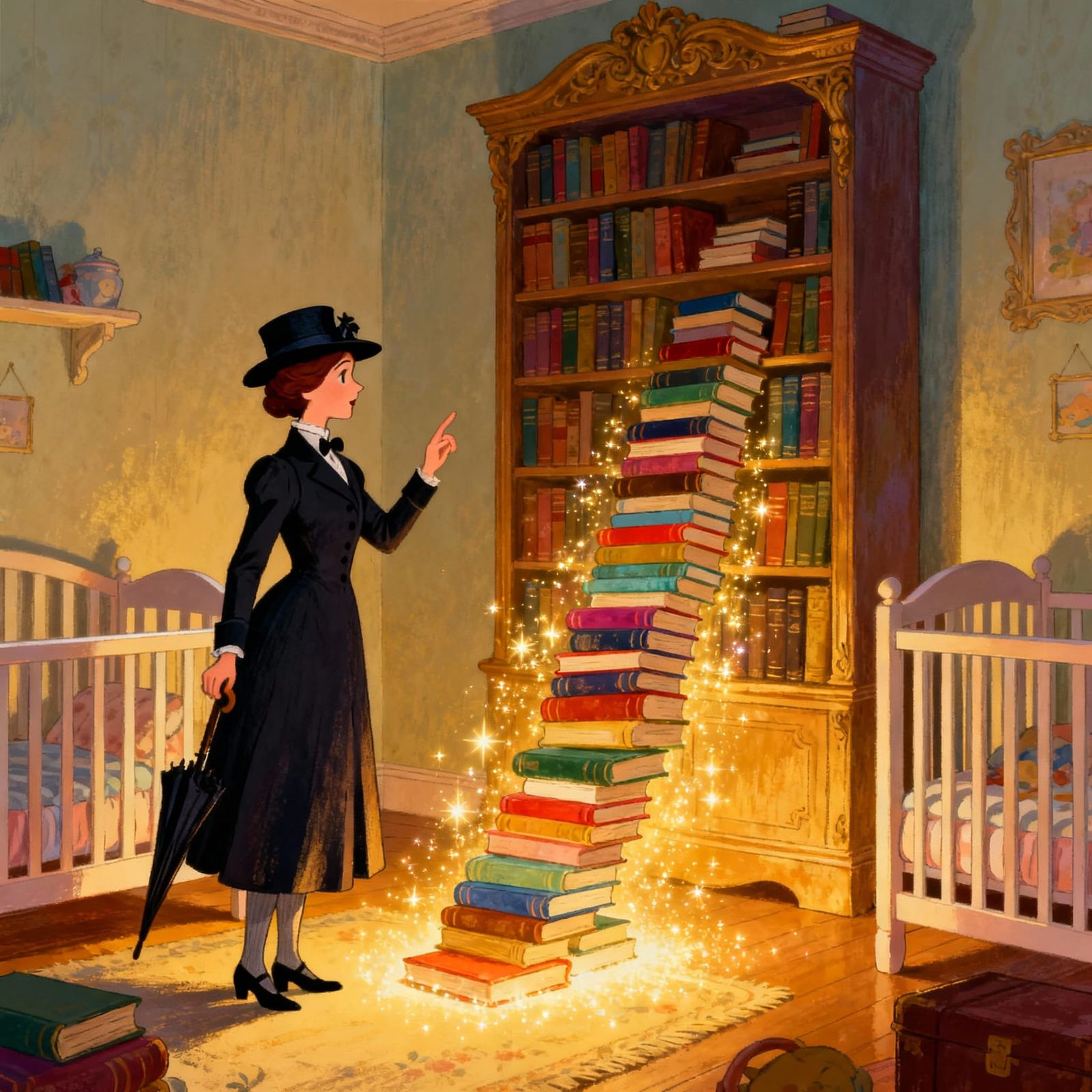 Mary Poppins Magically Arranges Books in Nursery