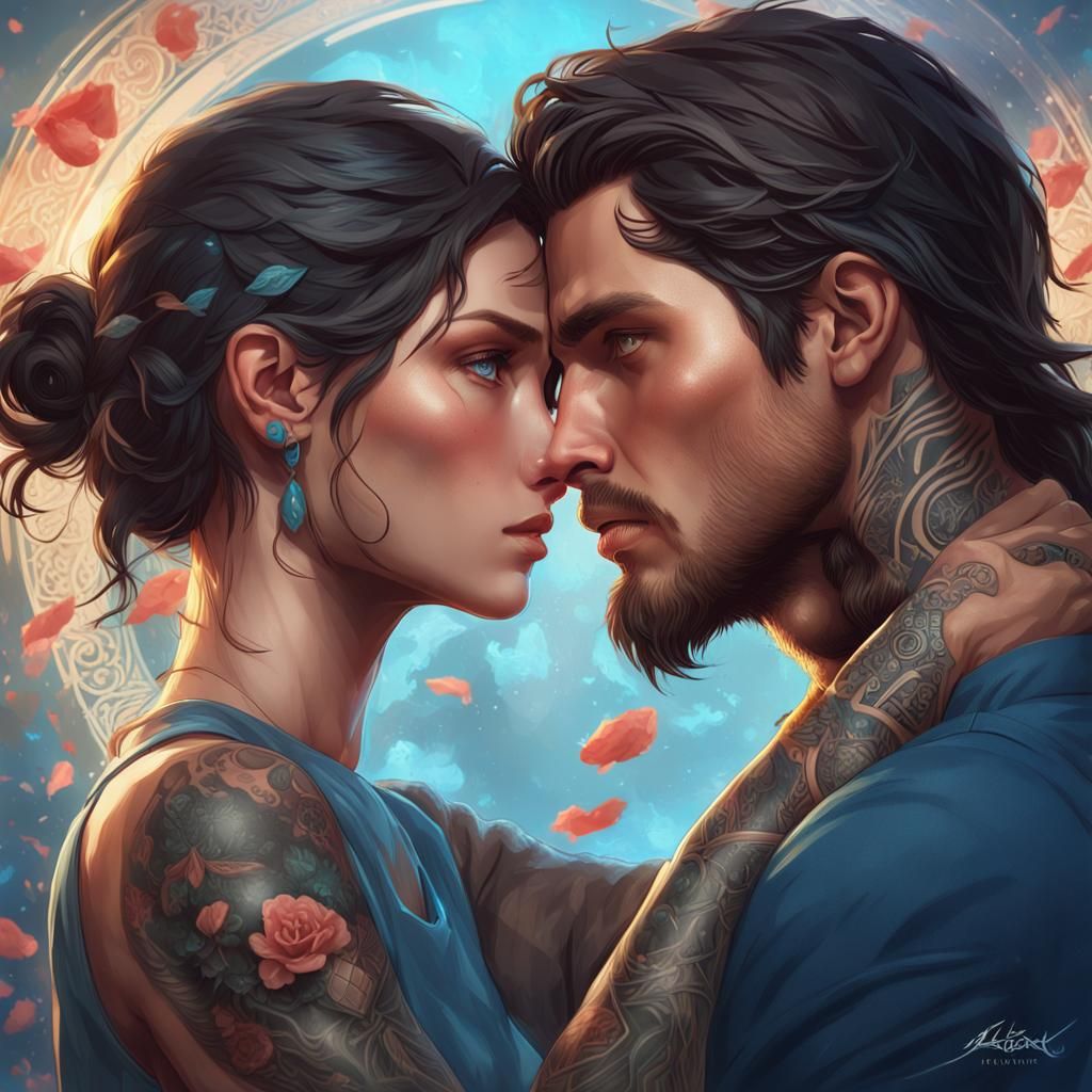 Kissing Couple Portrait in Hyperdetailed Digital Art Style