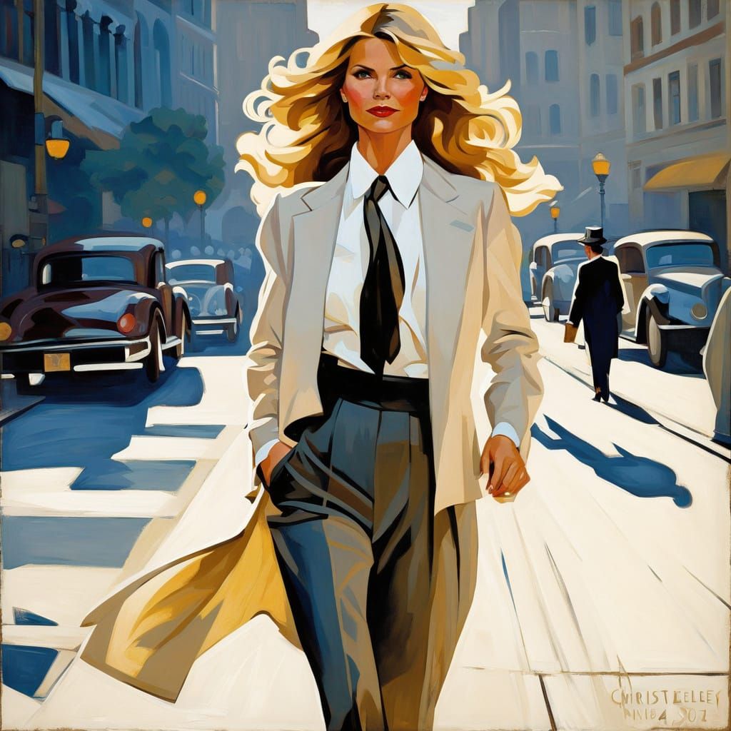 Confident City Woman Strides in Art Deco Style