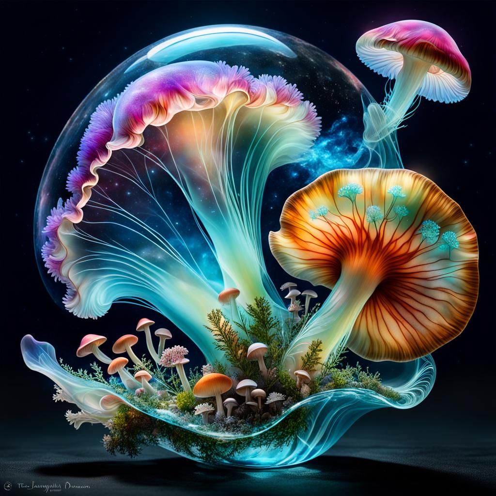 Glass Conch Shell with Bioluminescent Life