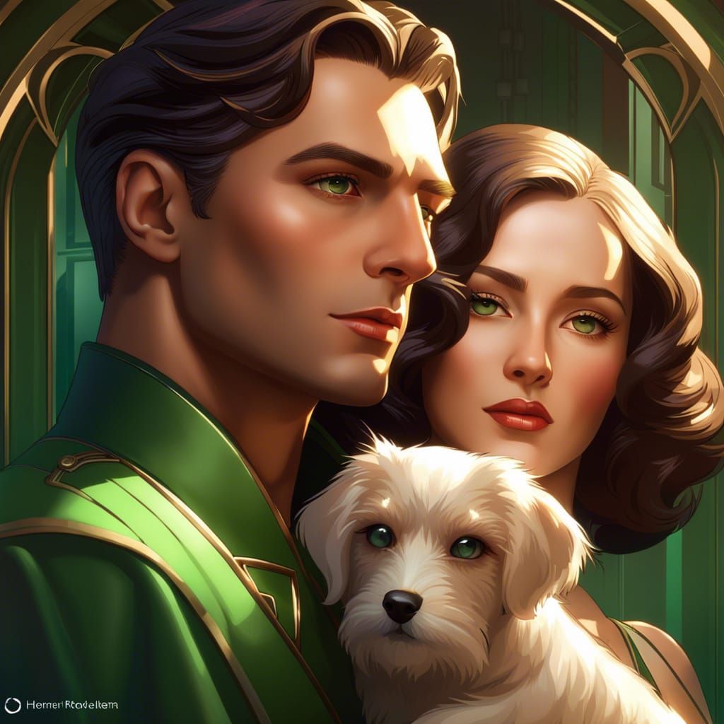 Art Deco Couple in Love Portrait with Puppy