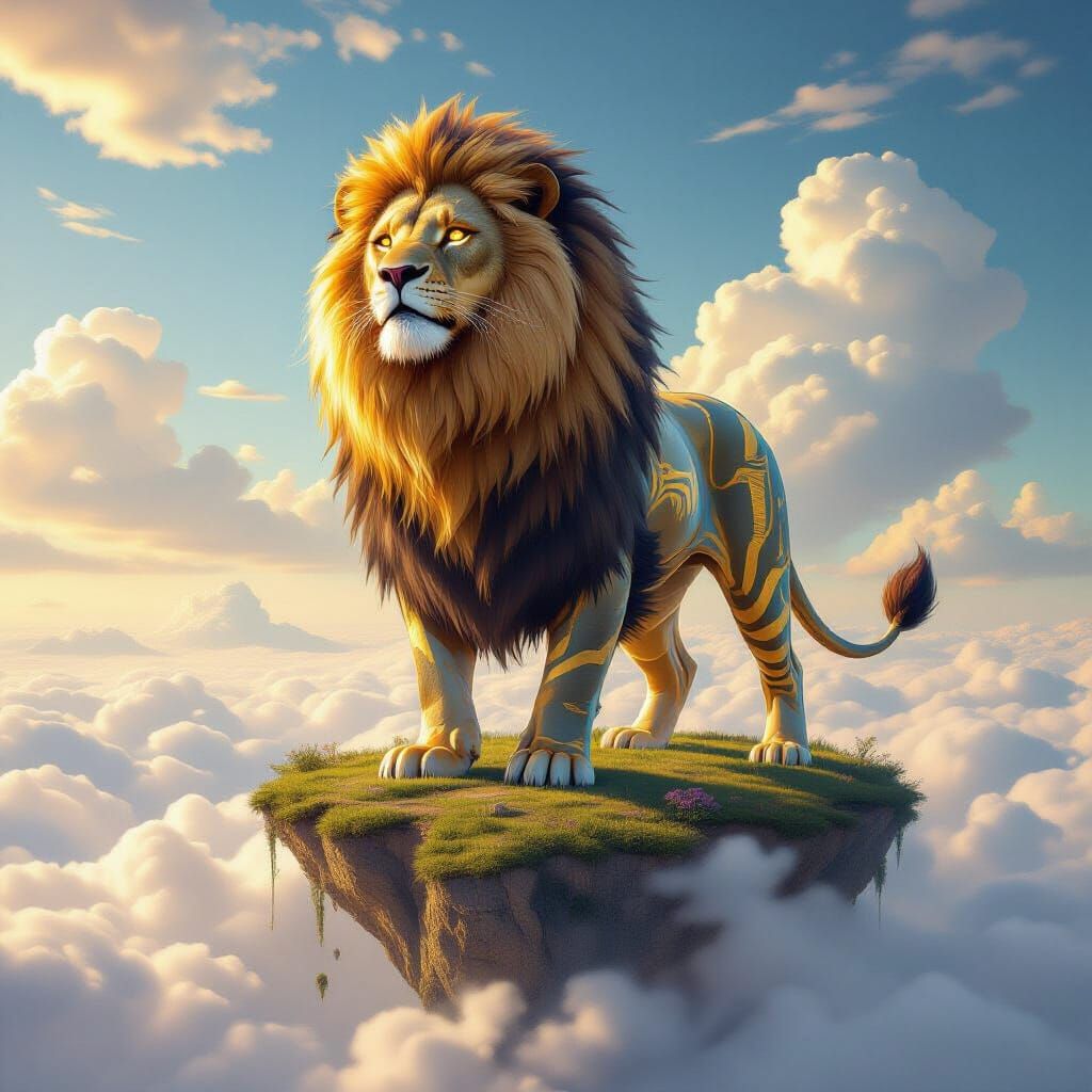 Golden-Eyed Lion on Floating Island, Digital Art