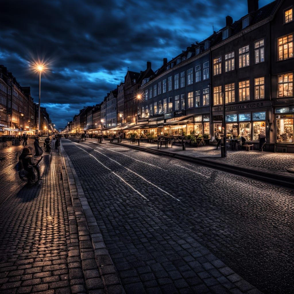 Hyperrealistic Copenhagen Night Boulevard in HDR
