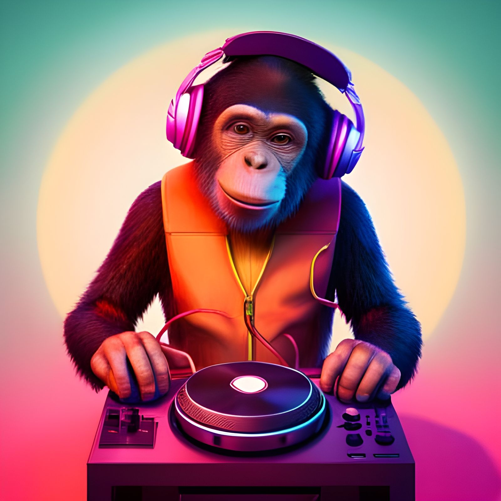DJ Chimpanzee with Headphones: 3D Digital Art