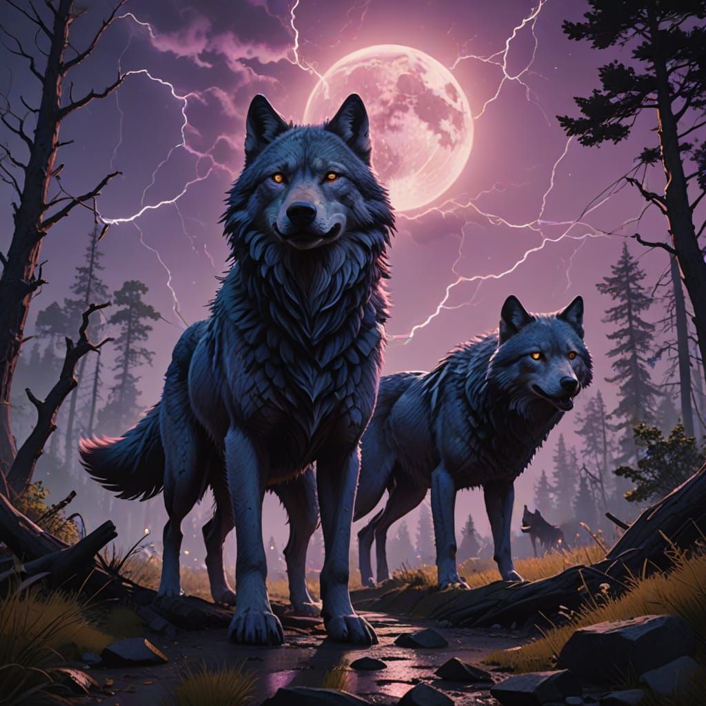 Majestic Wolves Under Violet Lightning Sky