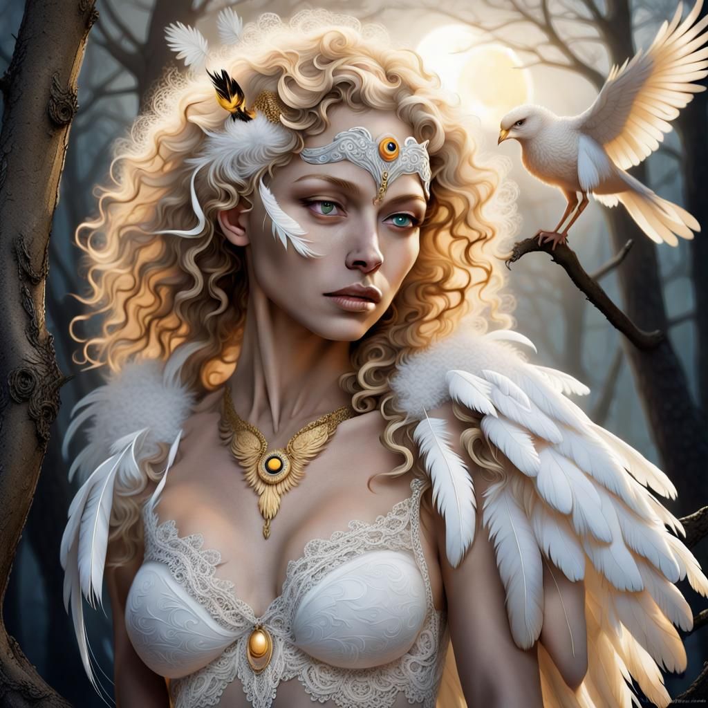 Golden Harpy Goddess with White Feathers