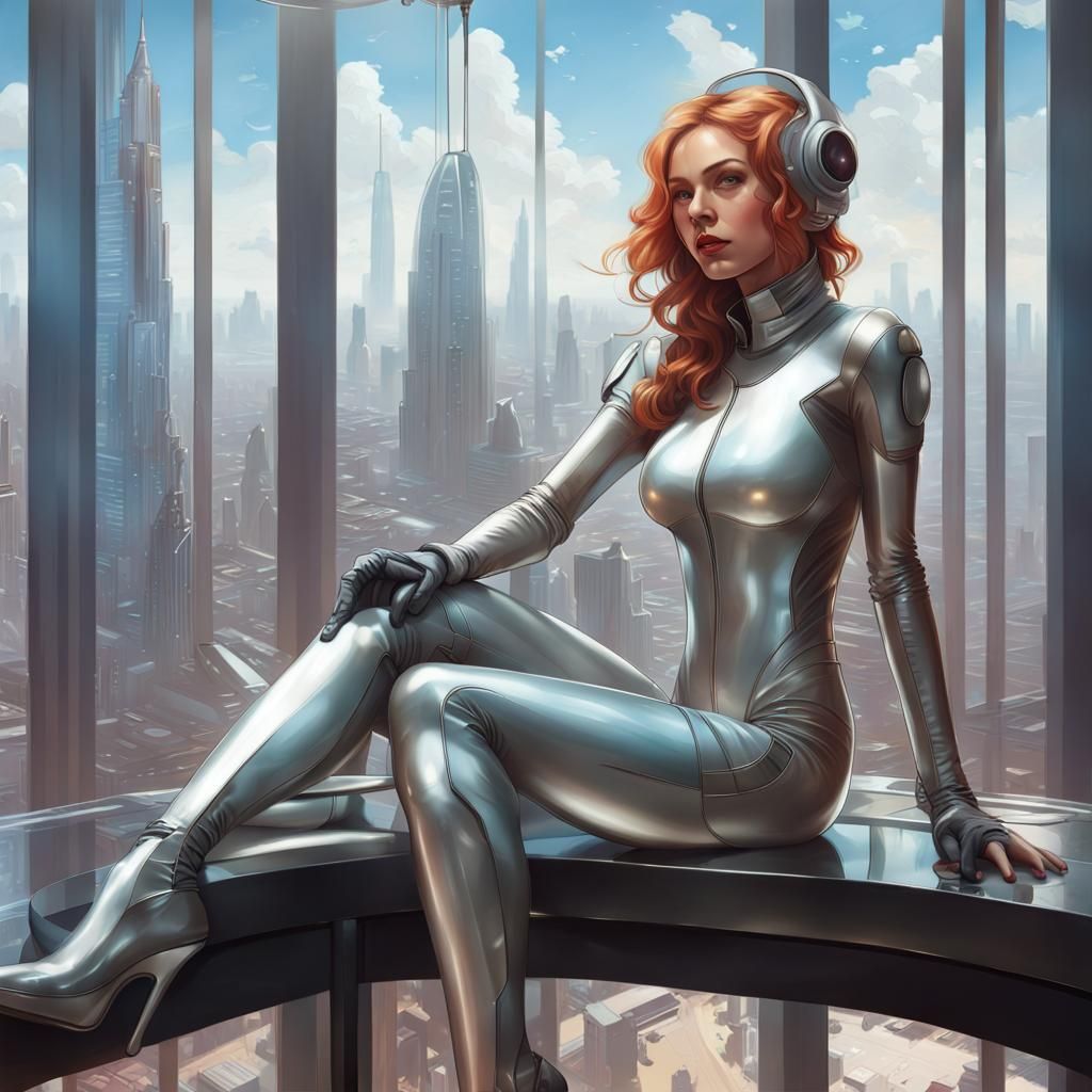 Futuristic Cityscape with Woman in Latex Spacesuit