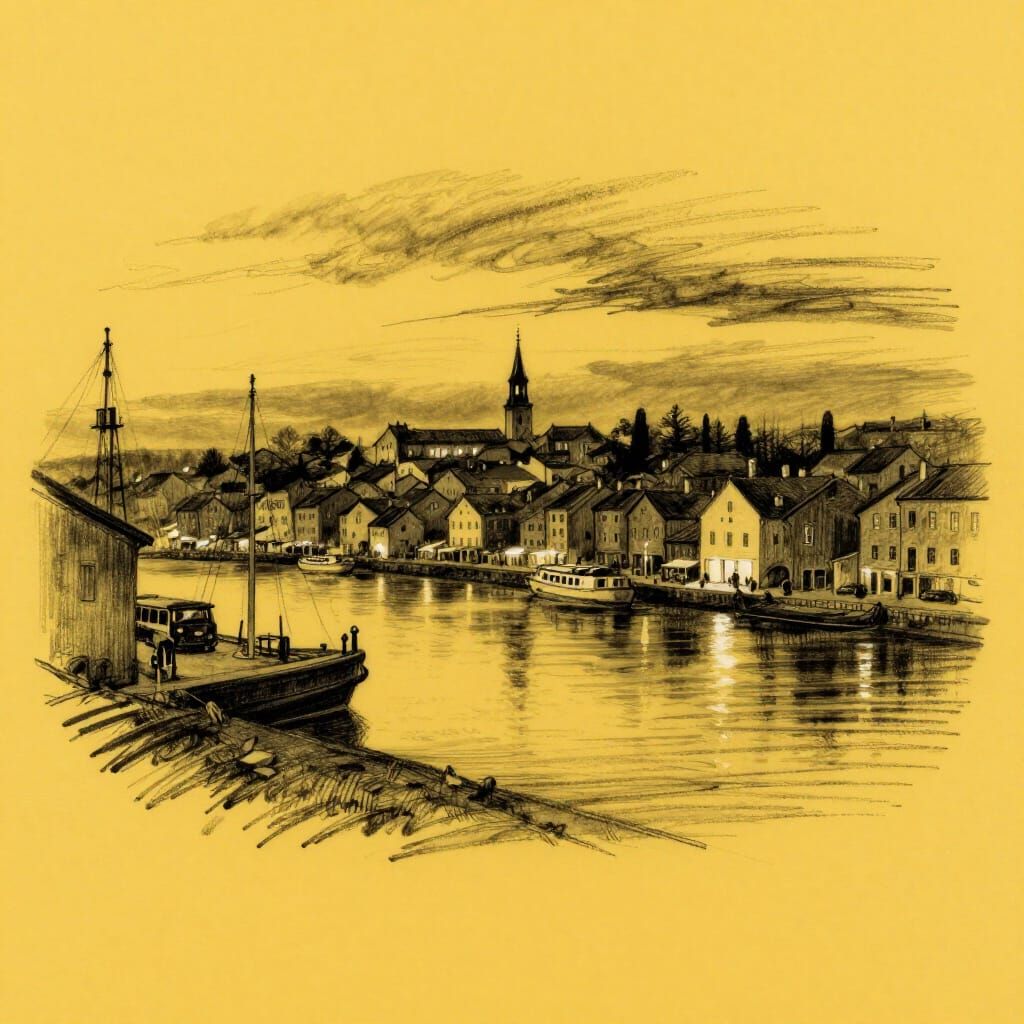 Harbor Town at Dusk Charcoal Drawing on Yellow Background