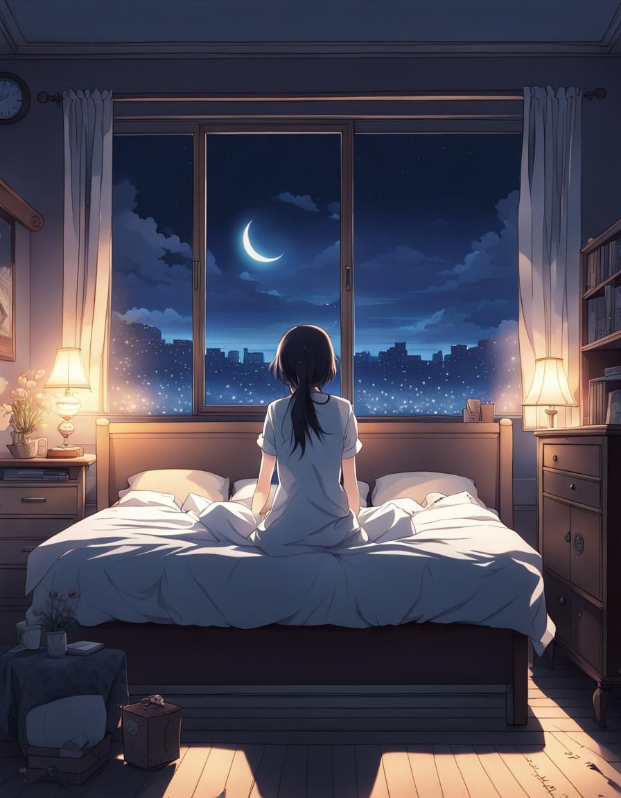 Woman in Moonlit Room: Anime Style