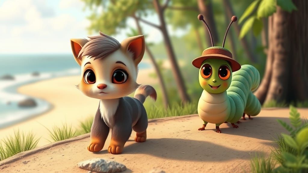 Adorable Caterpillar and Furry Friend in Storybook Scene