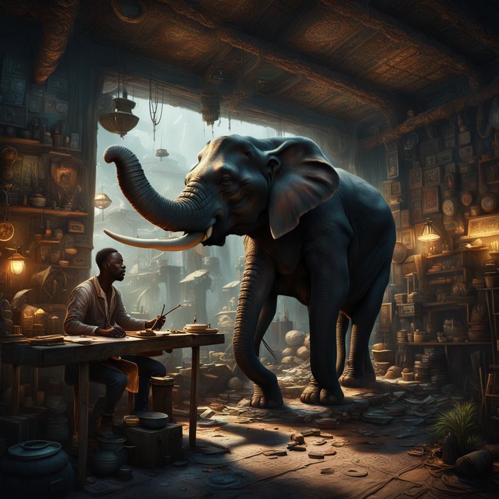 Artist Painting Elephant in Congo, Detailed Matte Painting
