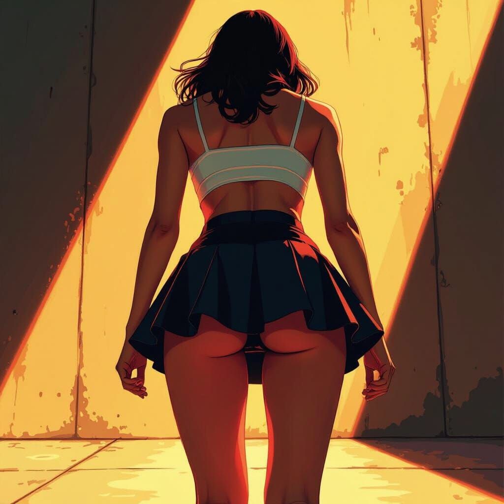 Girl in Mini Skirt Leaning Forward Low Angle Shot