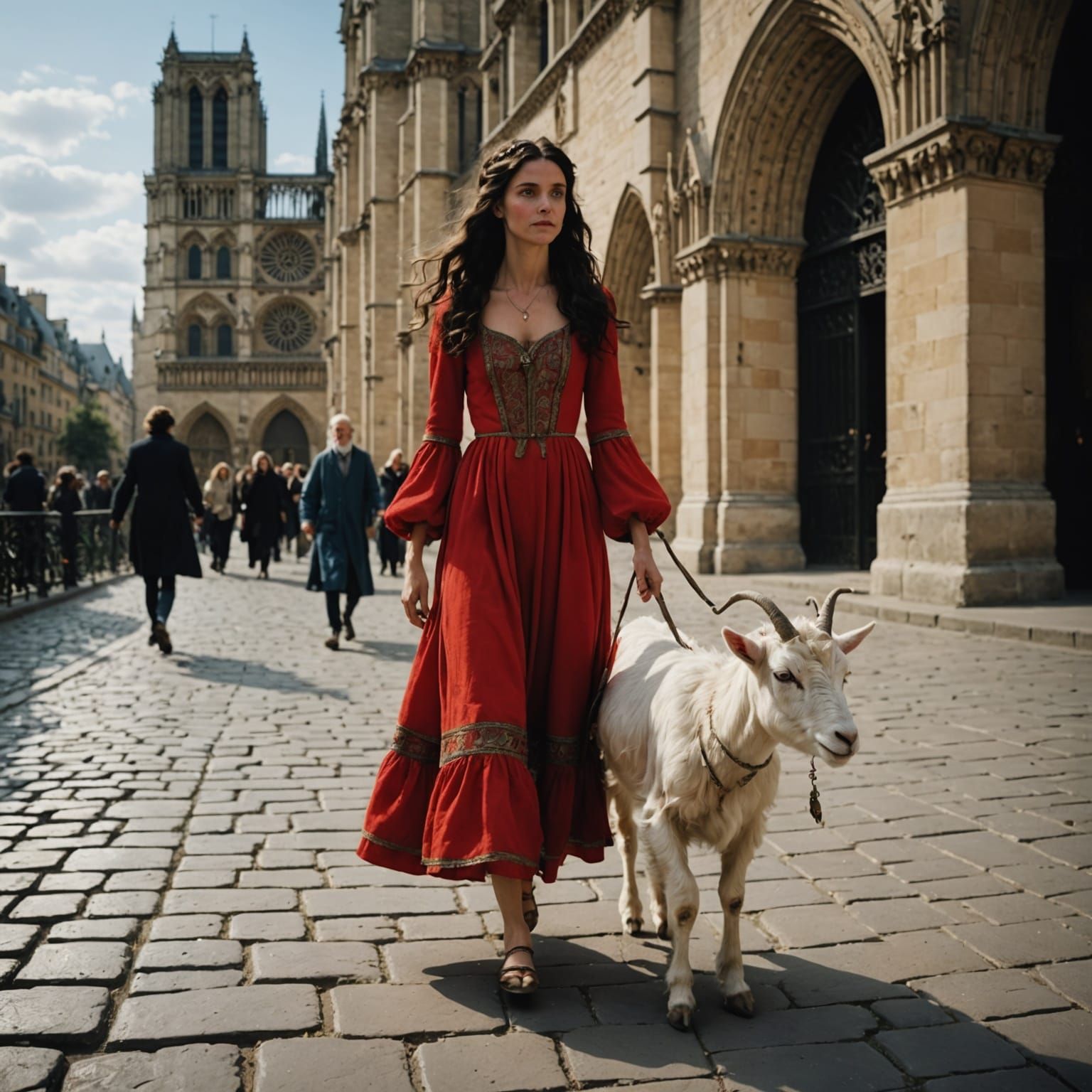 Charming Gypsy Woman and Goat Stroll Notre Dame Rooftop