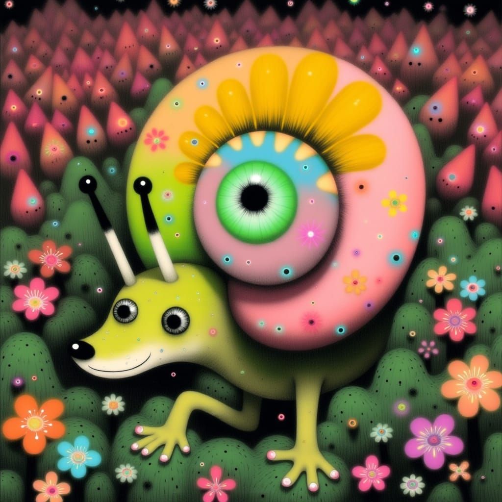 Whimsical Cheetah-Snail Creature Amidst Tropical Paradise
