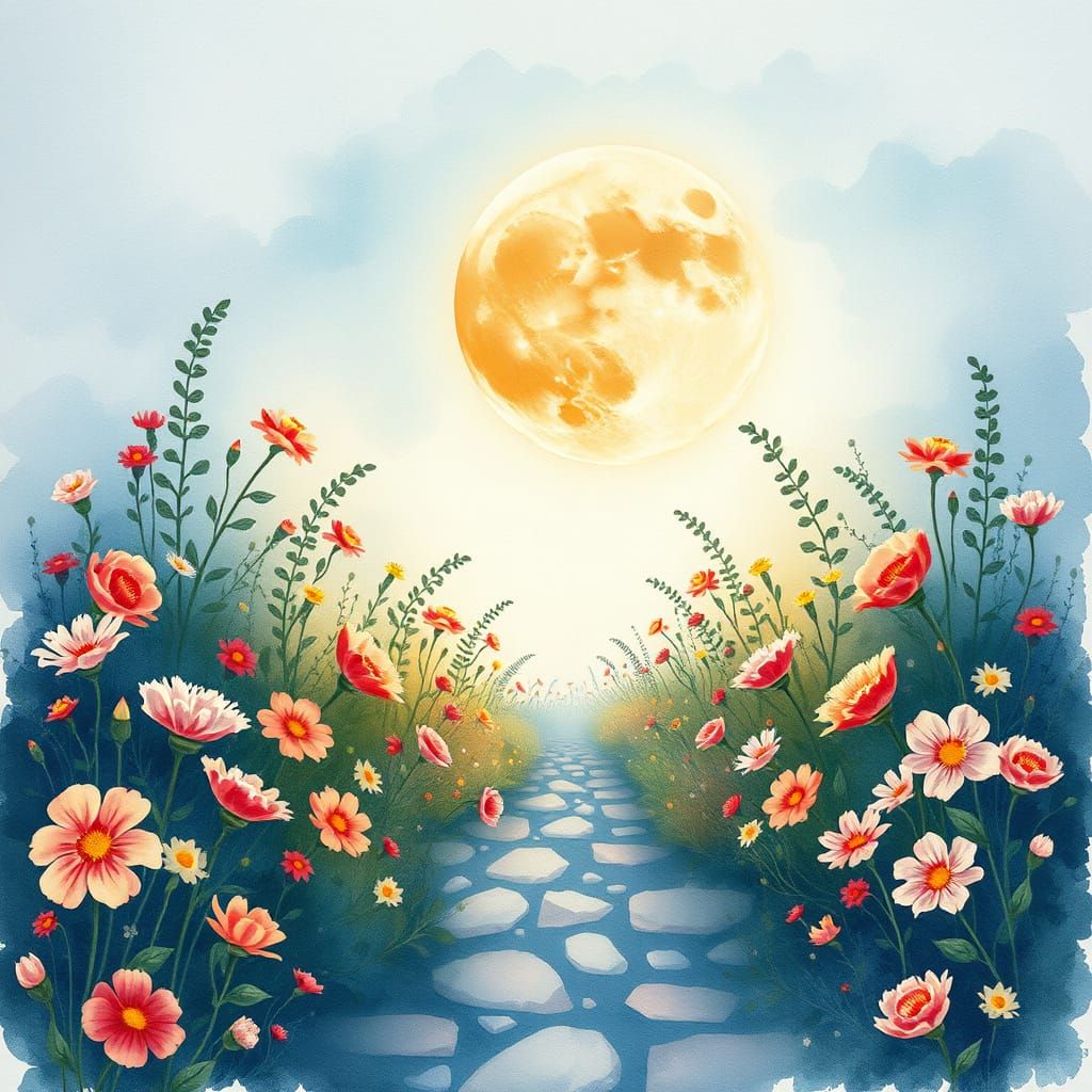 Floral Pathway to the Moon in Watercolor Style