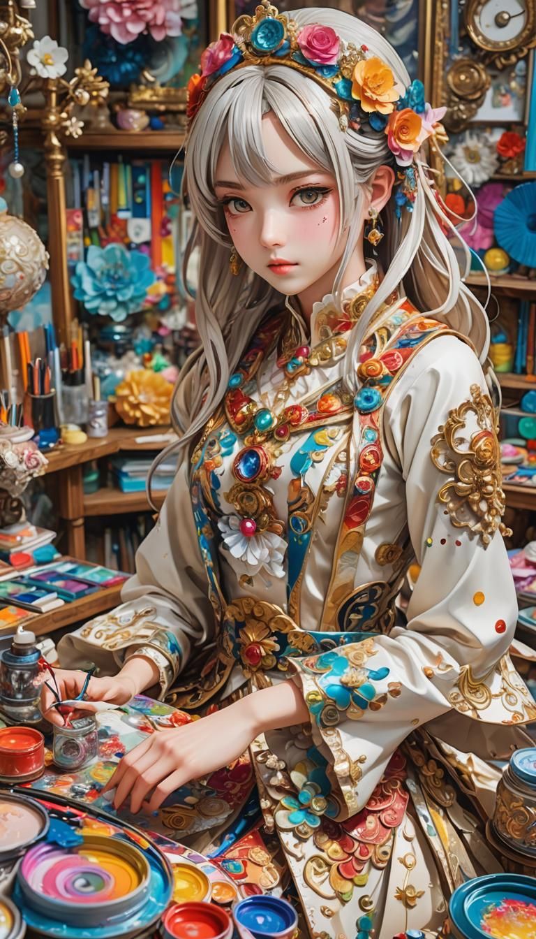 Anime Art: Woman Painting in Vibrant Studio