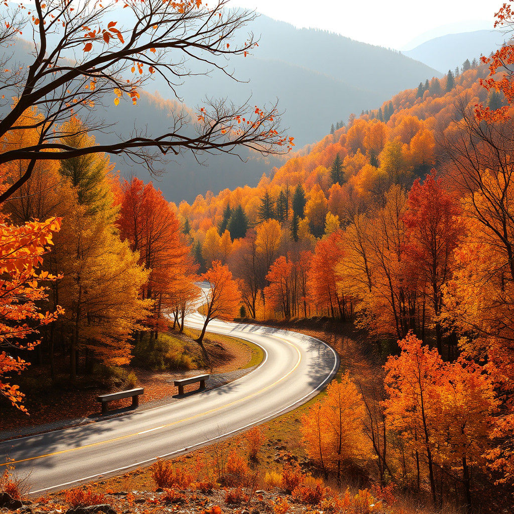 Scenic Autumn Mountain Road in Soft Sunlight