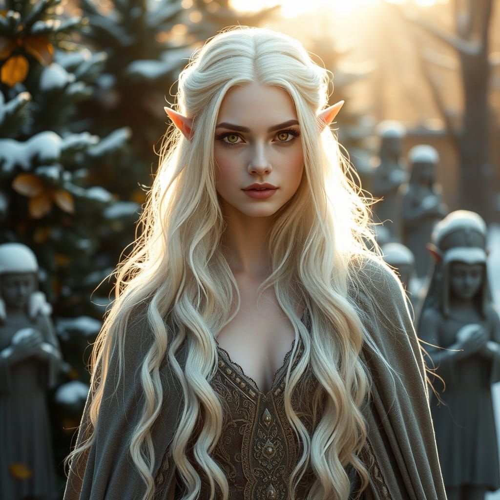 Ethereal Winter Elf Queen in Snowy Garden of Evergreen