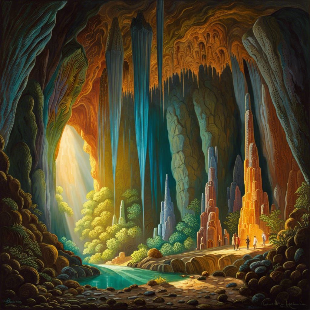 Lush Cave Interior with Sunlight, Ferdinand Knab Style